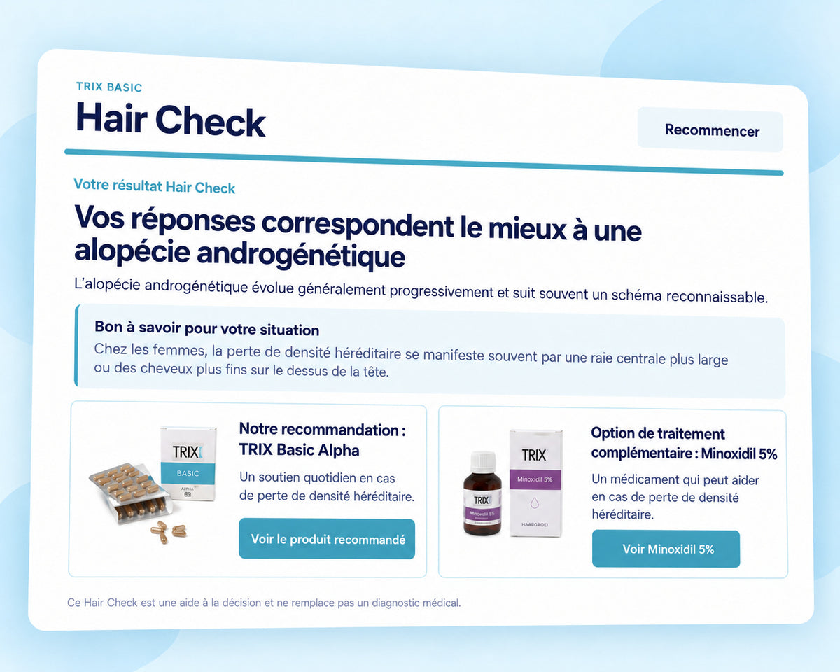 Résultat du Hair Check de TRIX Basic pour l’alopécie androgénétique avec informations personnalisées et options de produits.
