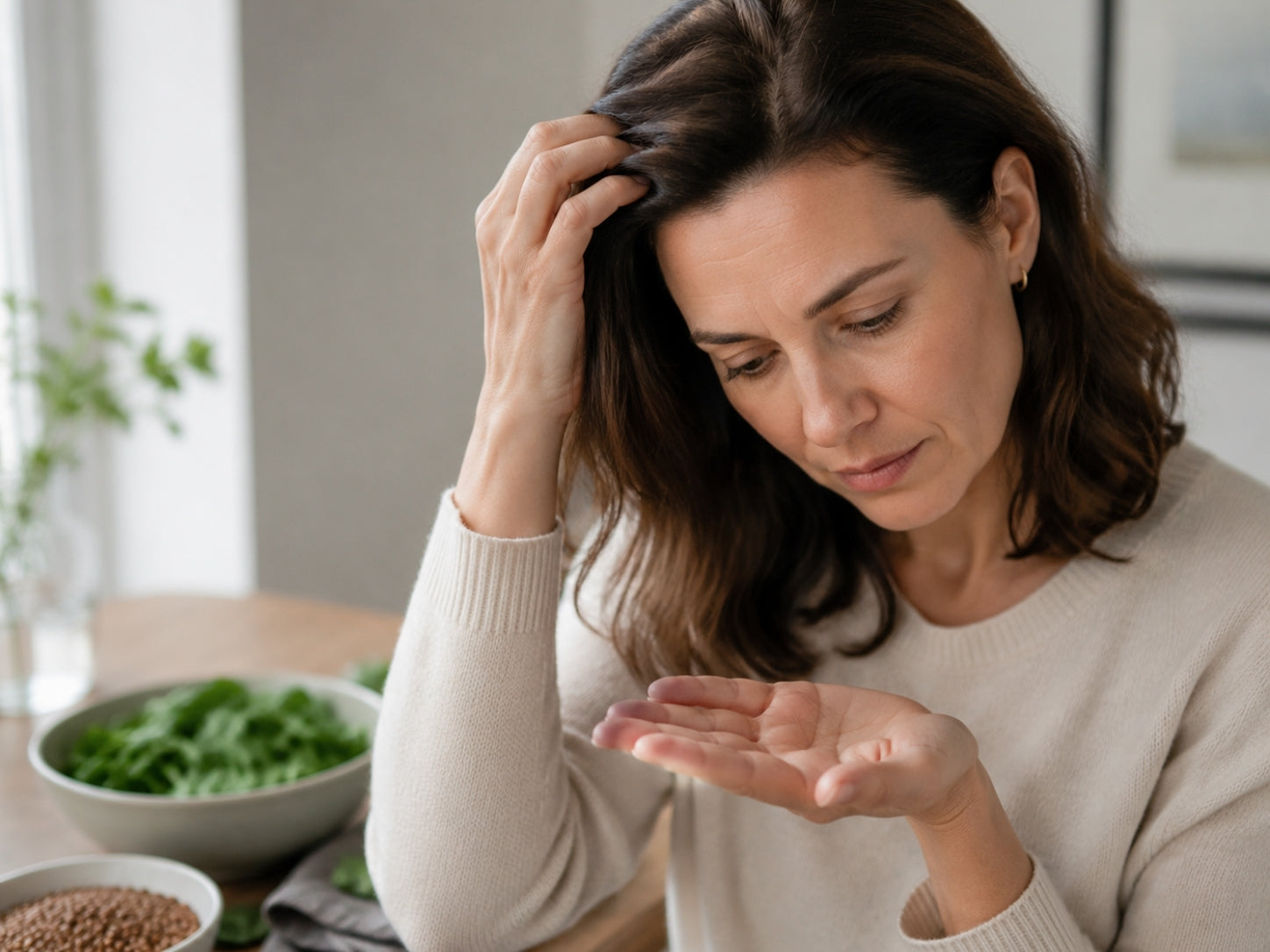 Vrouw bekijkt haaruitval die kan samenhangen met ijzertekort.