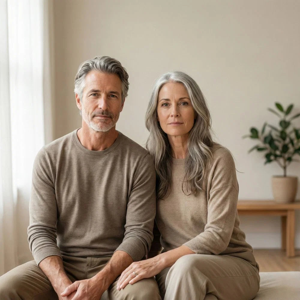 Man en vrouw van middelbare leeftijd met grijs haar in een woonkamer.