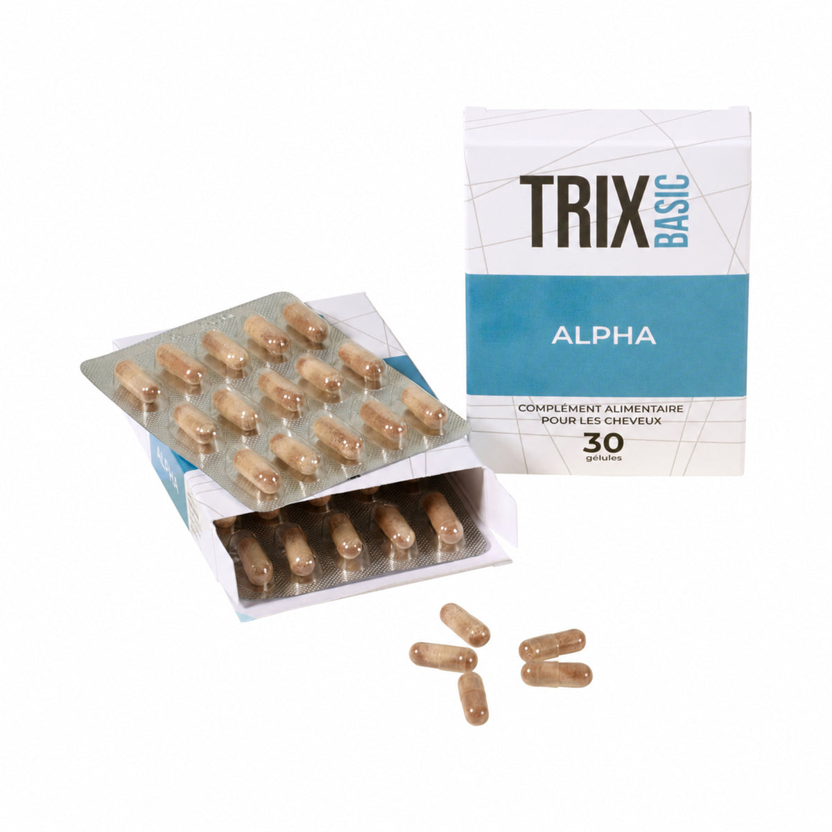 Boîte TRIX Basic Alpha avec plaquettes de capsules et capsules individuelles.