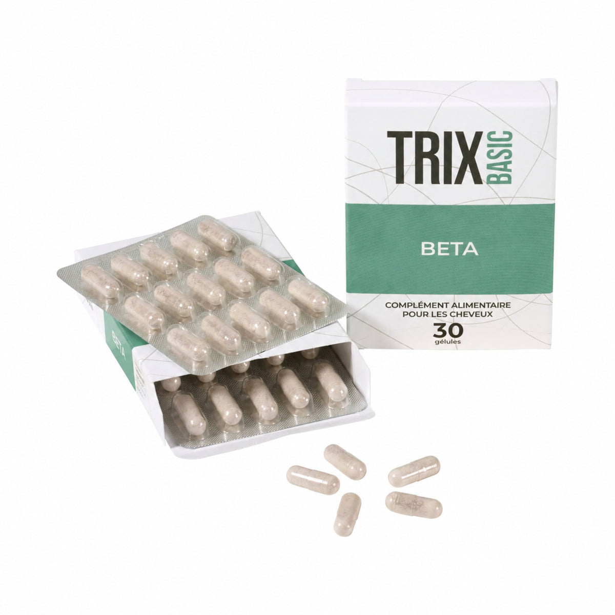 Complément alimentaire TRIX Basic Beta – boîte de 30 gélules avec plaquettes et gélules individuelles.