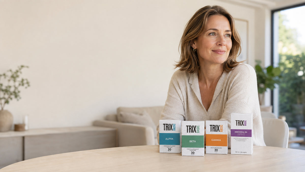 Femme néerlandaise avec TRIX Basic Alpha, Beta, Gamma et Minoxidil 5 %.