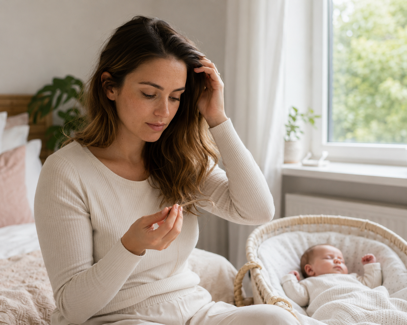 Moeder merkt enkele losse haren op in de maanden na de bevalling terwijl haar baby naast haar rust.