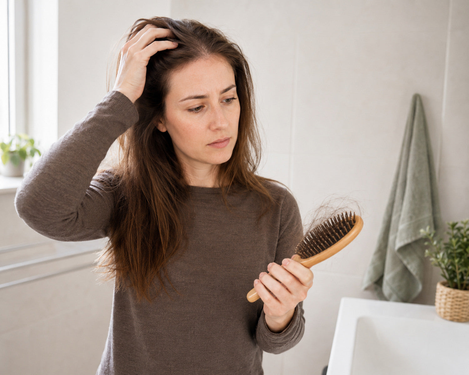 Vrouw bekijkt diffuse haaruitval in haar haarborstel na het stoppen met de pil